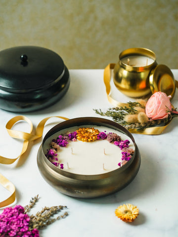 Antique Finish 7" Metal Urli With Lid | Scented Soy Wax Candle | With Dry Flowers