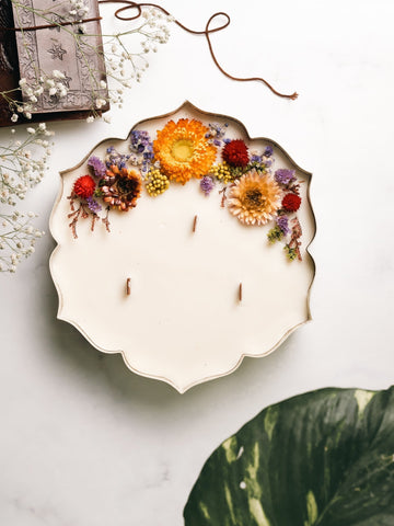 White and Gold Finish | Scented Candle | Dry Flowers Decor | Urli 9"