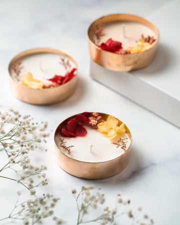 Plain 3" Copper Finish Urli Set of 4 | Scented Soy Wax Candle | With Natural Flowers | With Box
