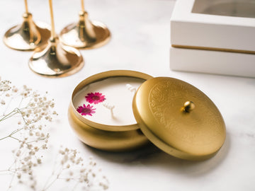 Golden Finish 4" Metal Urli With Lid | Scented Soy Wax Candle | With Natural Flowers