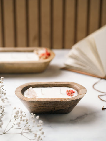 Wooden Boat 6" Container | Scented Soy Wax Candle | With Natural Flowers and Stones