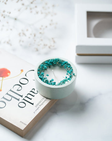 Aqua Green Concrete Container | Scented Soy Wax Candle |With Dry Flower