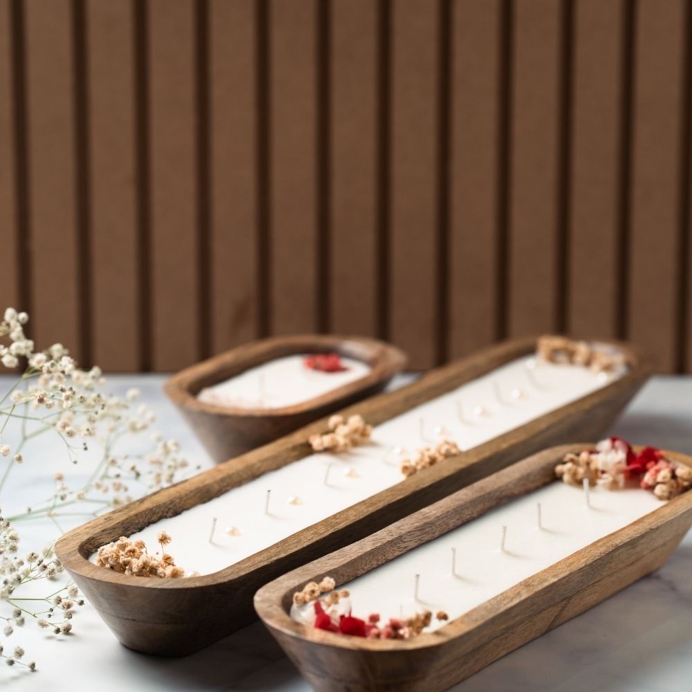 Wooden Boat Candle | 12" | Natural Flower Soy Wax Candle
