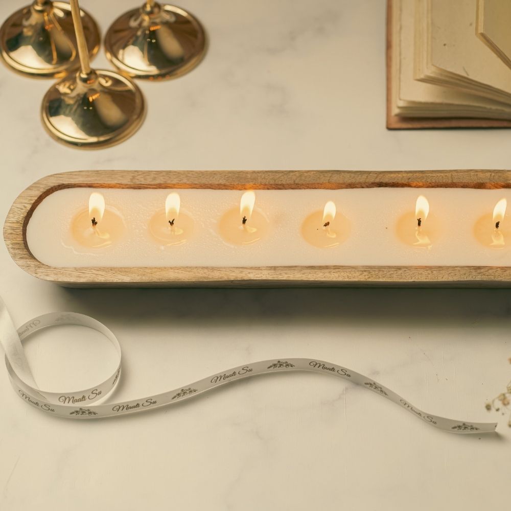 Wooden Boat Candle | 18" | Flowers & Pearls Soy Wax Candle