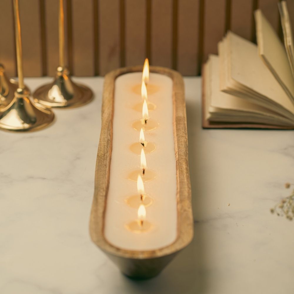 Wooden Boat Candle | 18" | Flowers & Pearls Soy Wax Candle