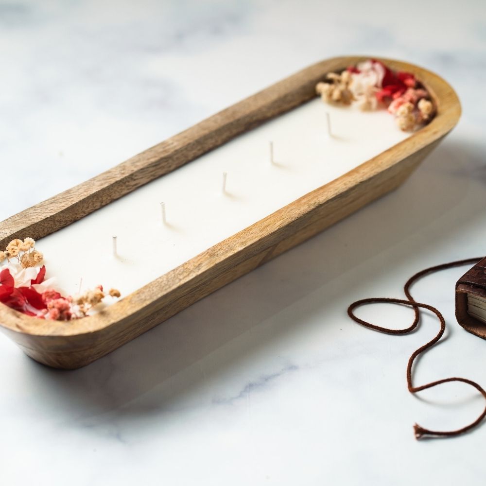 Wooden Boat Candle | 12" | Natural Flower Soy Wax Candle