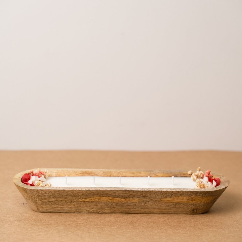 Wooden Boat Candle | 12" | Natural Flower Soy Wax Candle