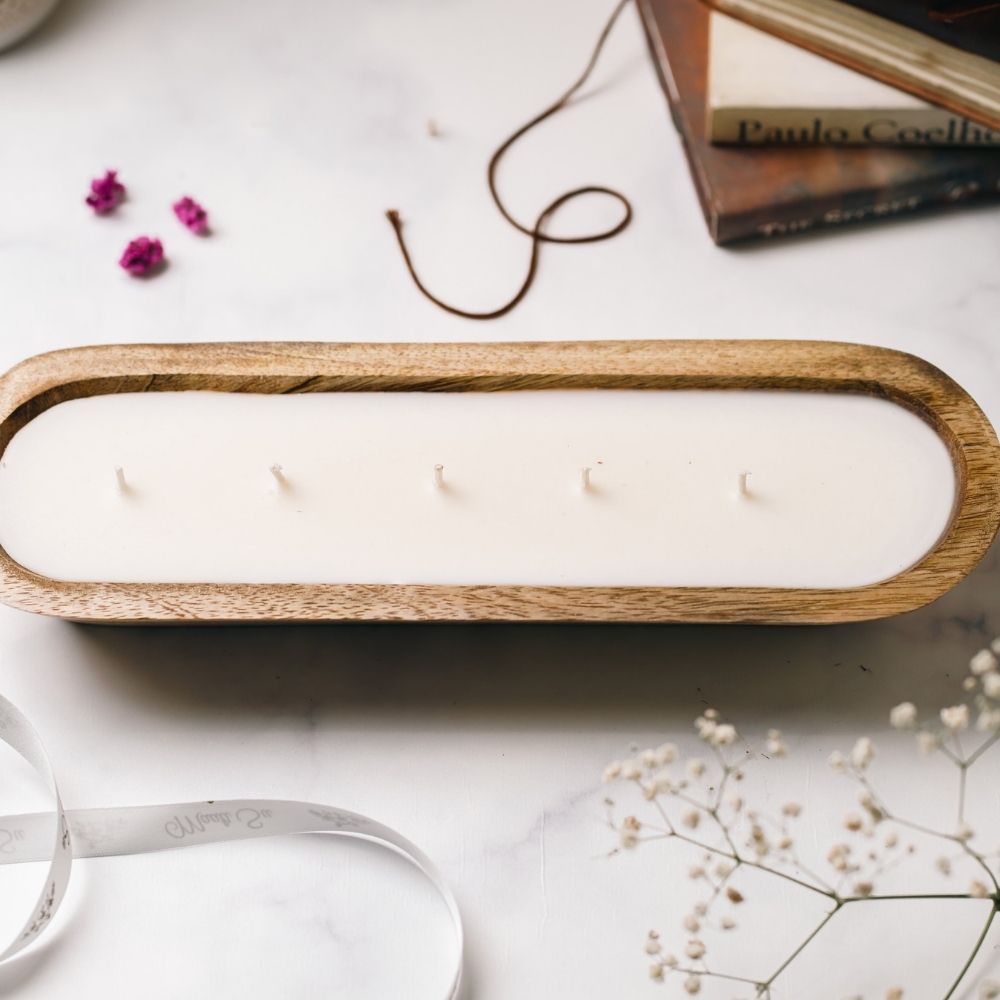 Wooden Boat Candle | 18" | Flowers & Pearls Soy Wax Candle