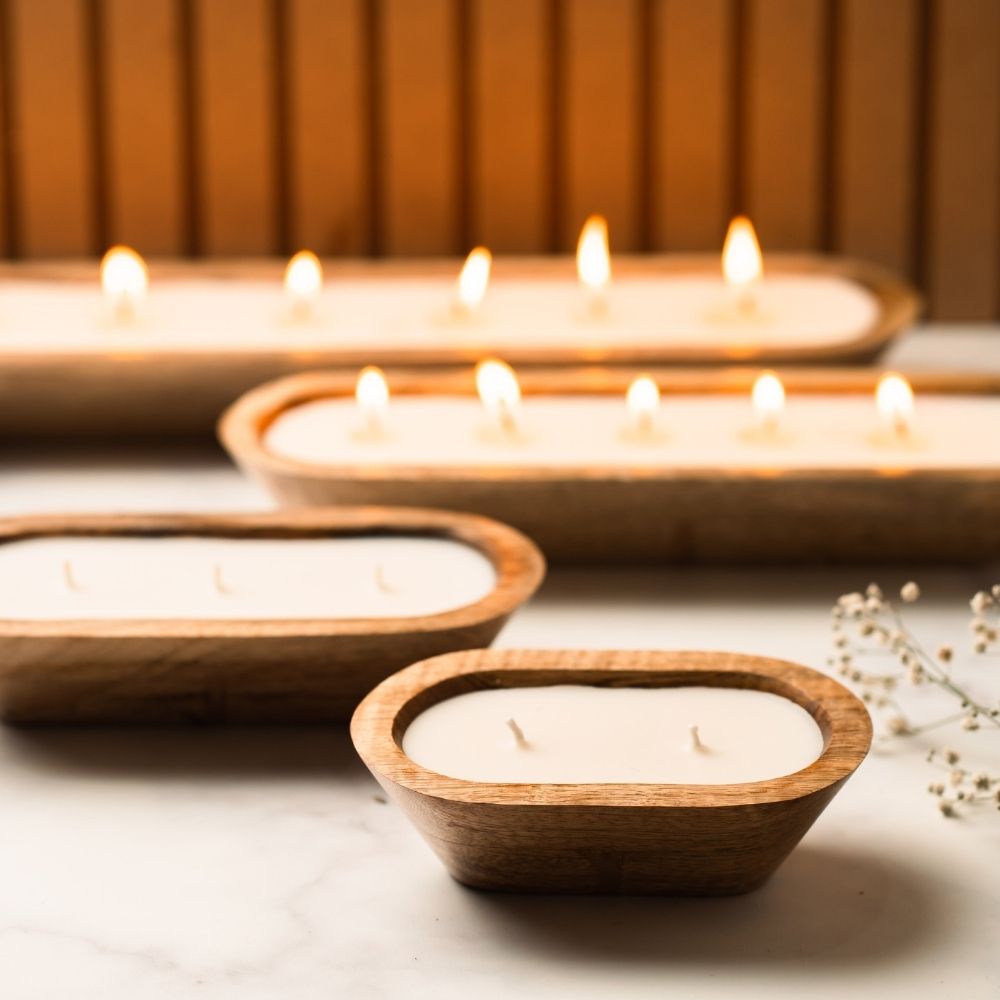 Wooden Boat Candle | 6" | Natural Flower Soy Wax Candle