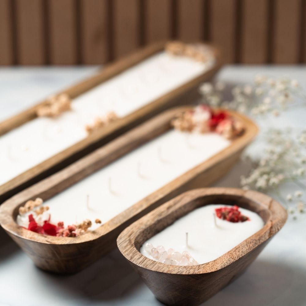 Wooden Boat Candle | 12" | Natural Flower Soy Wax Candle