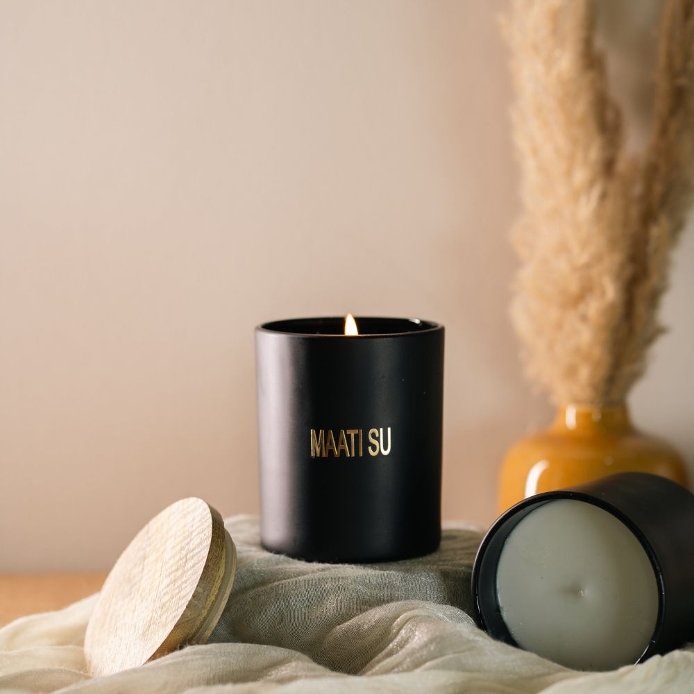 Matte Black Glass Candle | Wooden Lid | Scented Soy Wax Candle