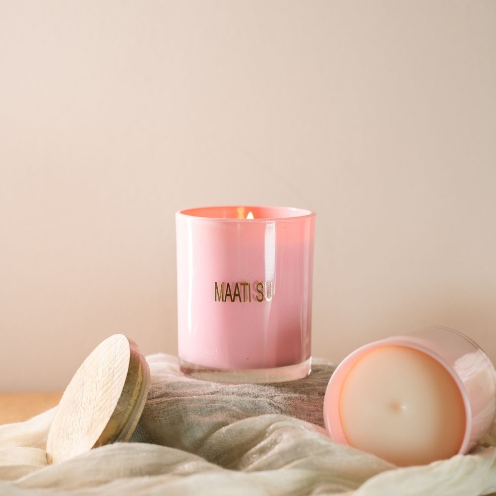 Pink Glass Candle | Wooden Lid | Scented Soy Wax Candle