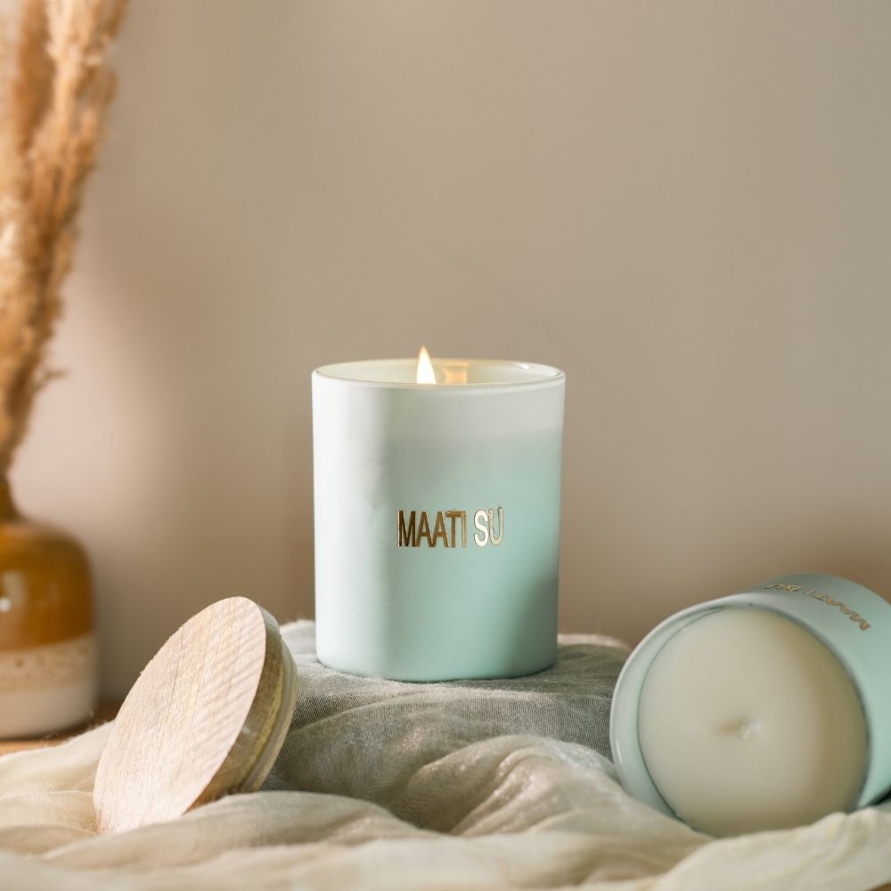 Aqua Green Glass Candle | Wooden Lid | Scented Soy Wax Candle
