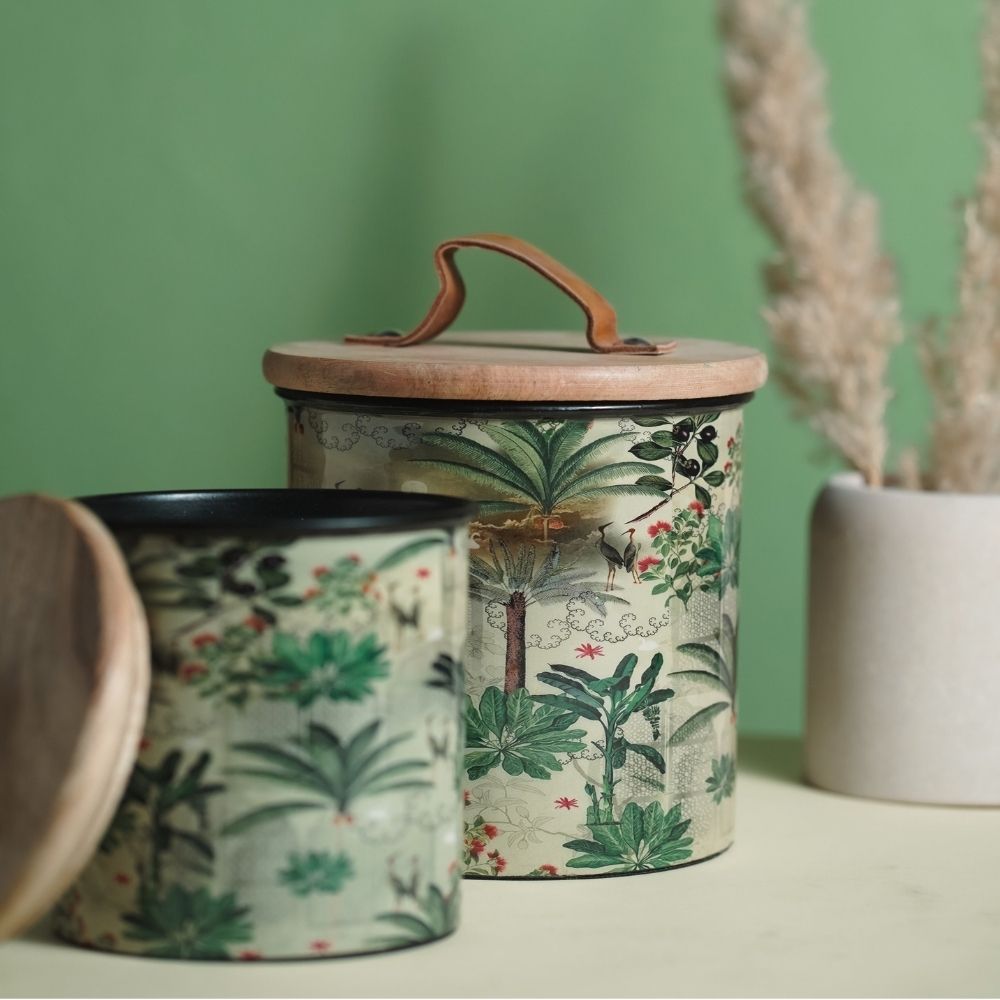 Green Iron Container Cookie Jar With Wooden Lid | Modern Minimalist Luxury Decor