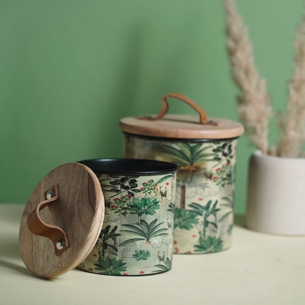 Green Iron Container Cookie Jar With Wooden Lid | Modern Minimalist Luxury Decor
