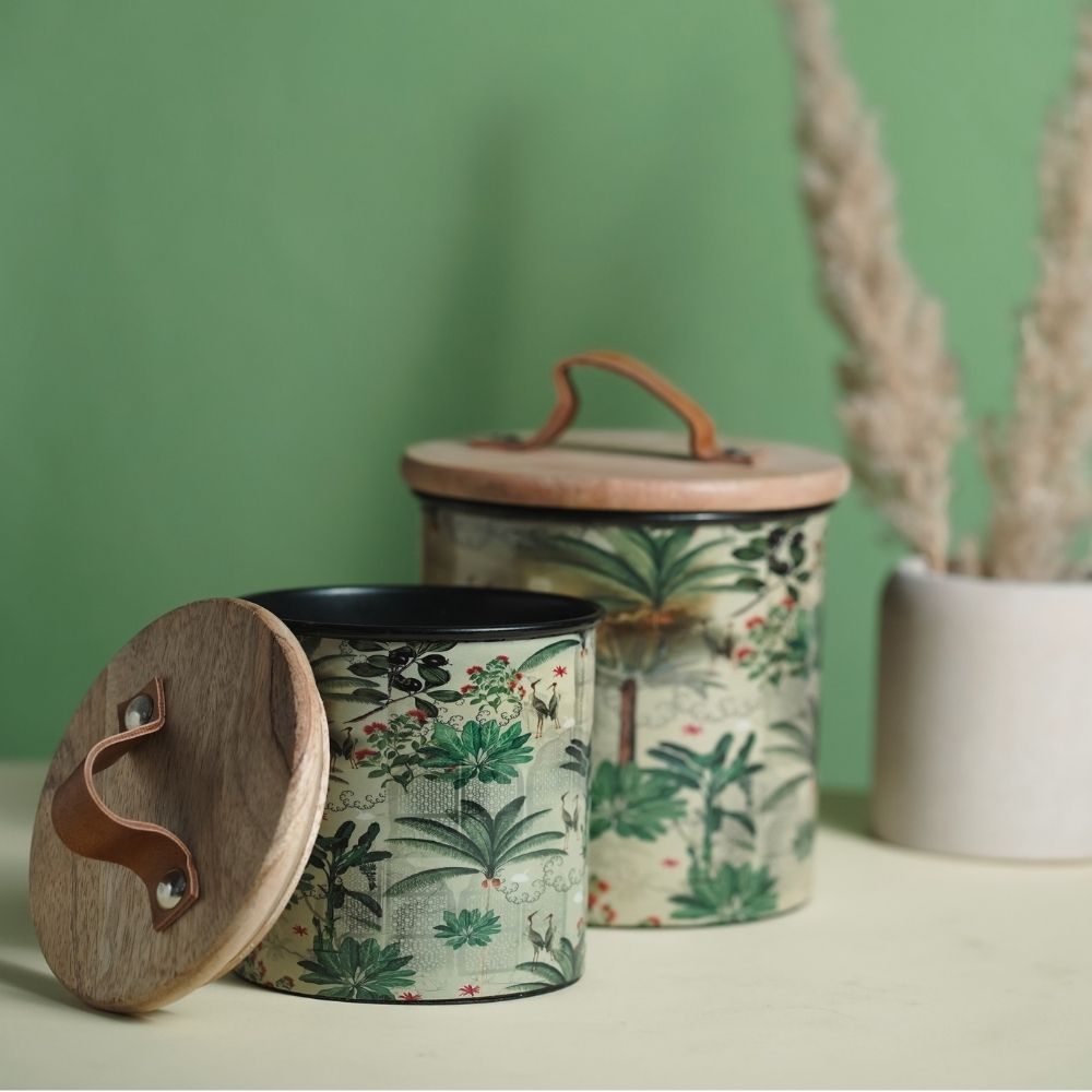 Green Iron Container Cookie Jar With Wooden Lid | Modern Minimalist Luxury Decor