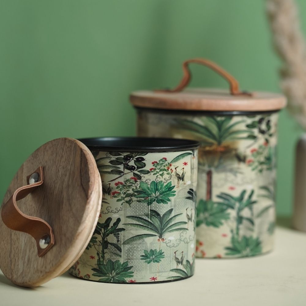 Green Iron Container Cookie Jar With Wooden Lid | Modern Minimalist Luxury Decor