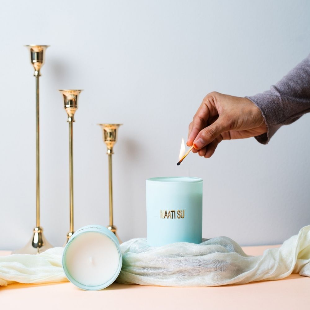Aqua Green Glass Candle | Wooden Lid | Scented Soy Wax Candle