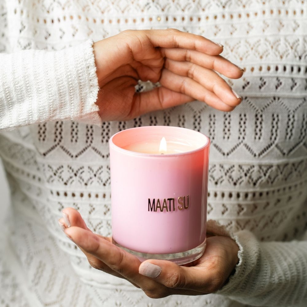 Pink Glass Candle | Wooden Lid | Scented Soy Wax Candle