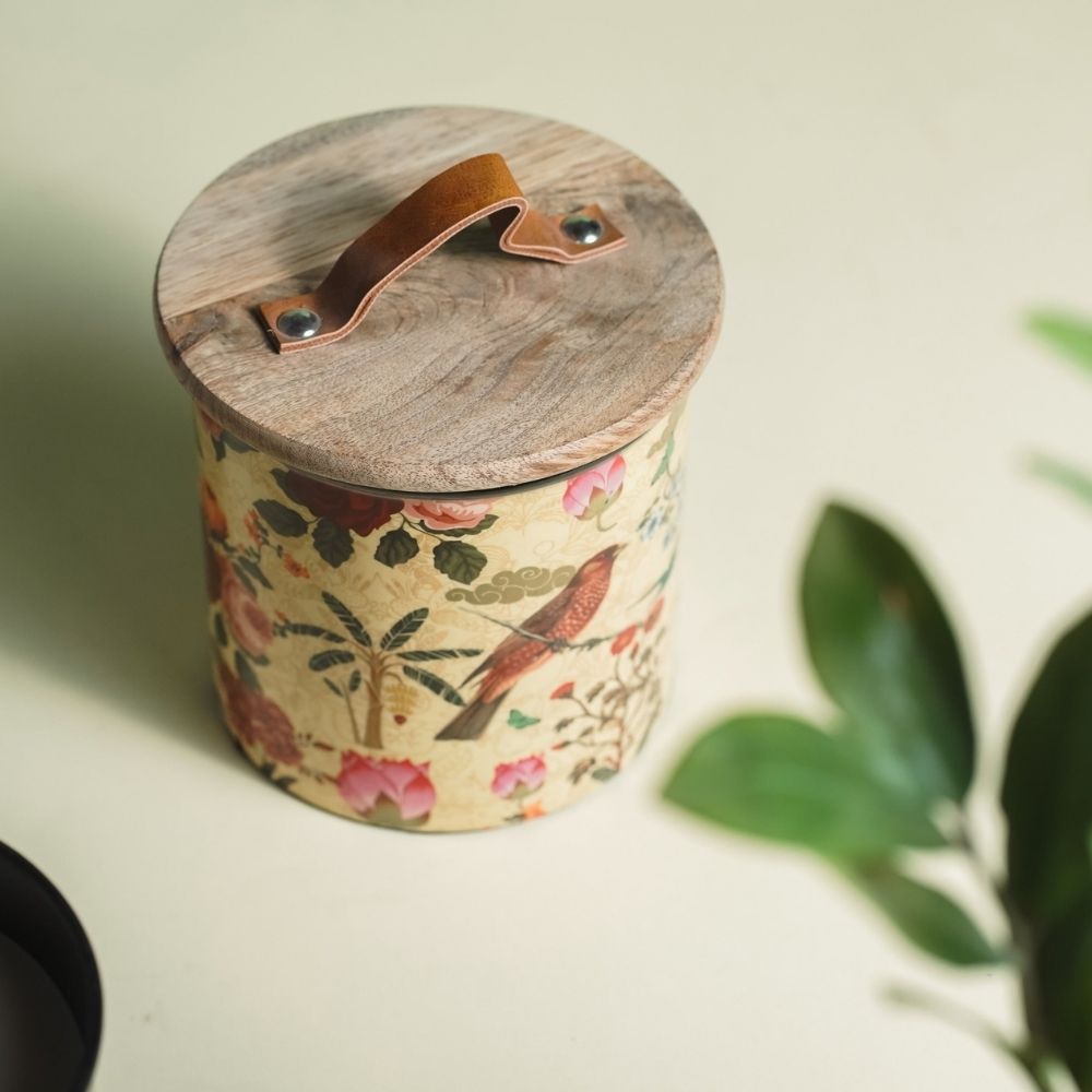 Yellow Iron Cookie Jar | Wooden Lid | Decorative Container