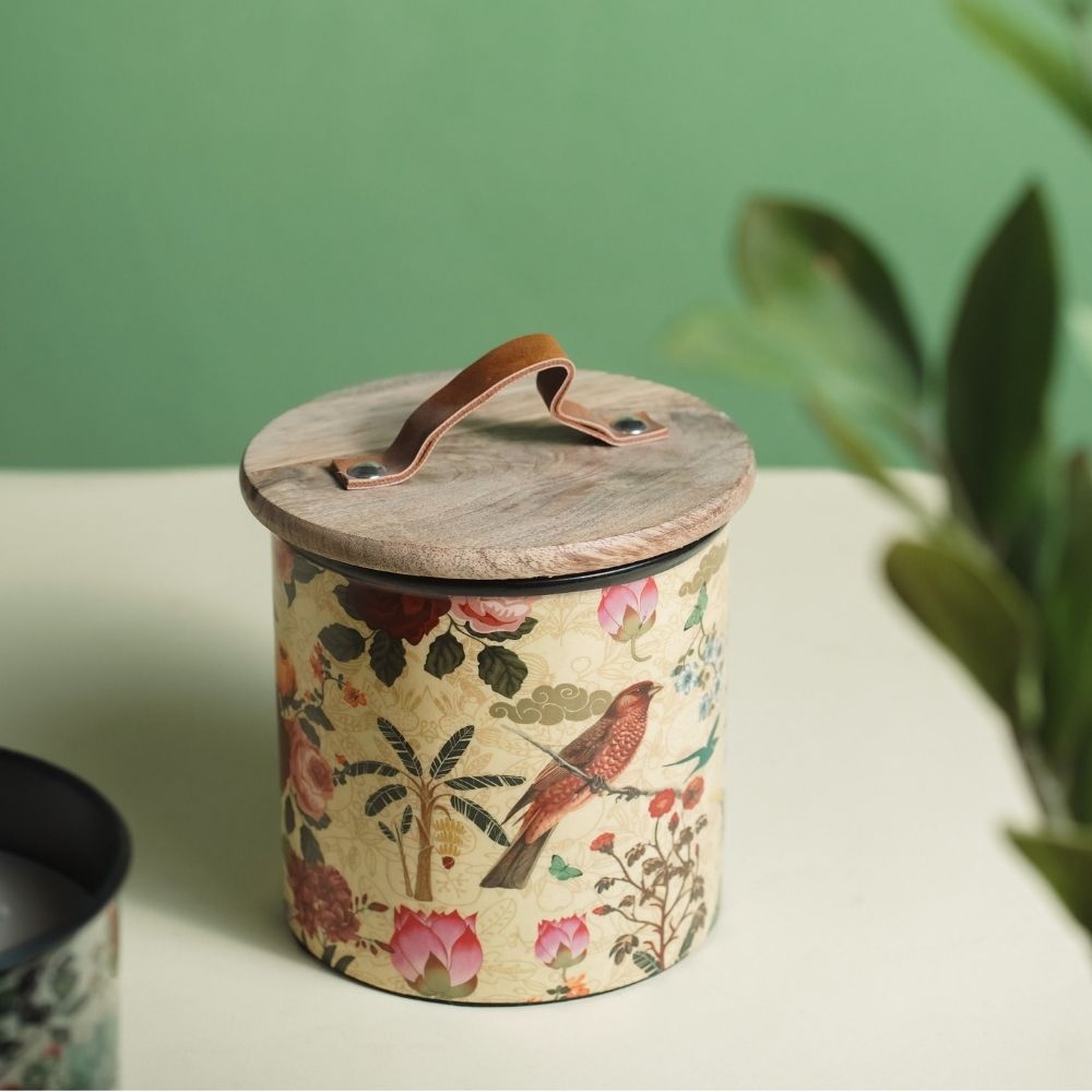 Yellow Iron Cookie Jar | Wooden Lid | Decorative Container