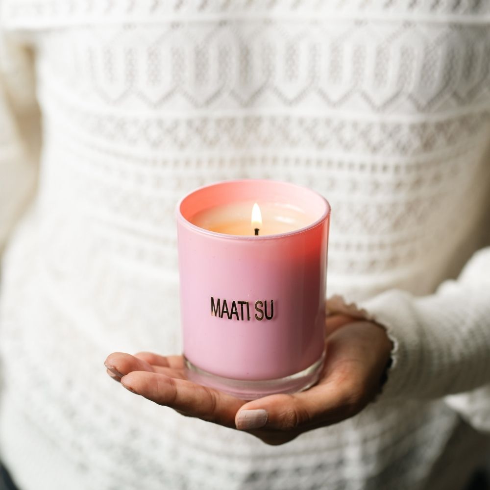 Pink Glass Candle | Wooden Lid | Scented Soy Wax Candle