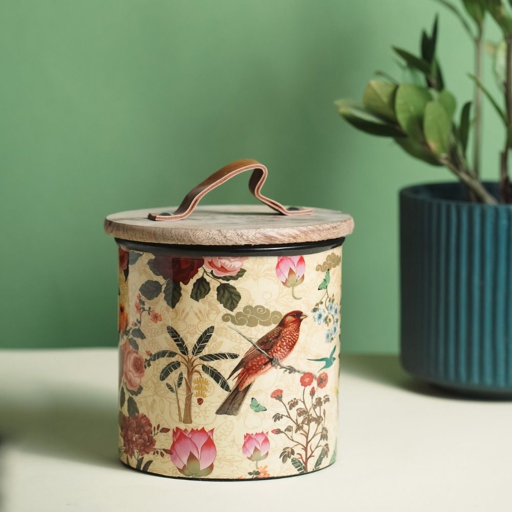 Yellow Iron Cookie Jar | Wooden Lid | Decorative Container