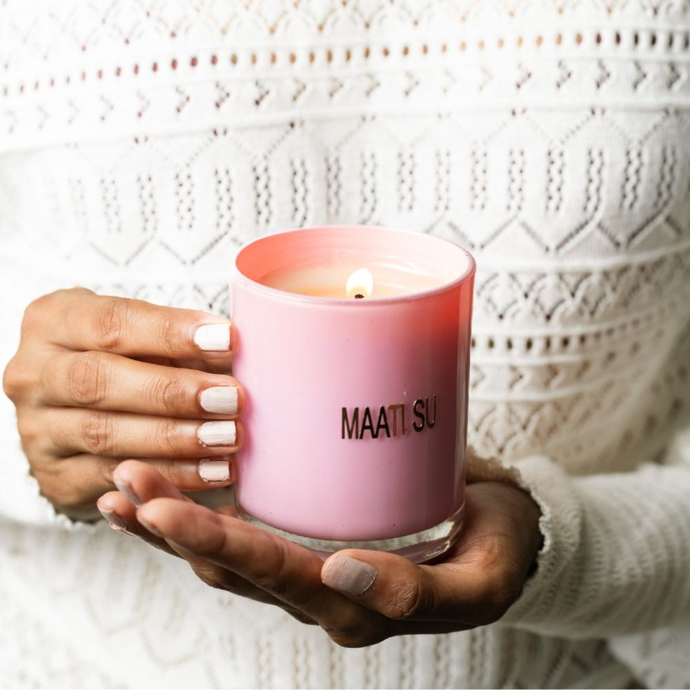 Pink Glass Candle | Wooden Lid | Scented Soy Wax Candle