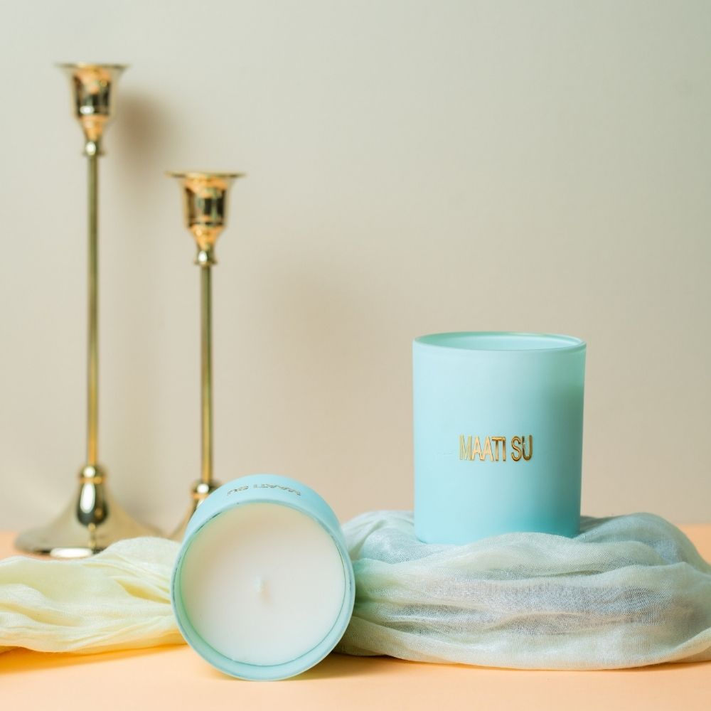 Aqua Green Glass Candle | Wooden Lid | Scented Soy Wax Candle