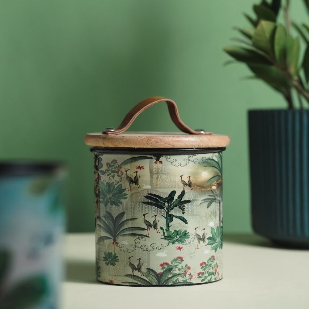 Green Iron Container Cookie Jar With Wooden Lid | Modern Minimalist Luxury Decor