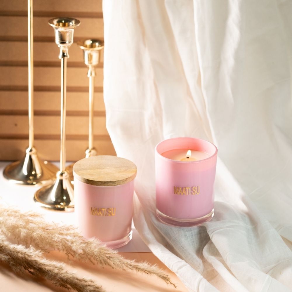 Pink Glass Candle | Wooden Lid | Scented Soy Wax Candle