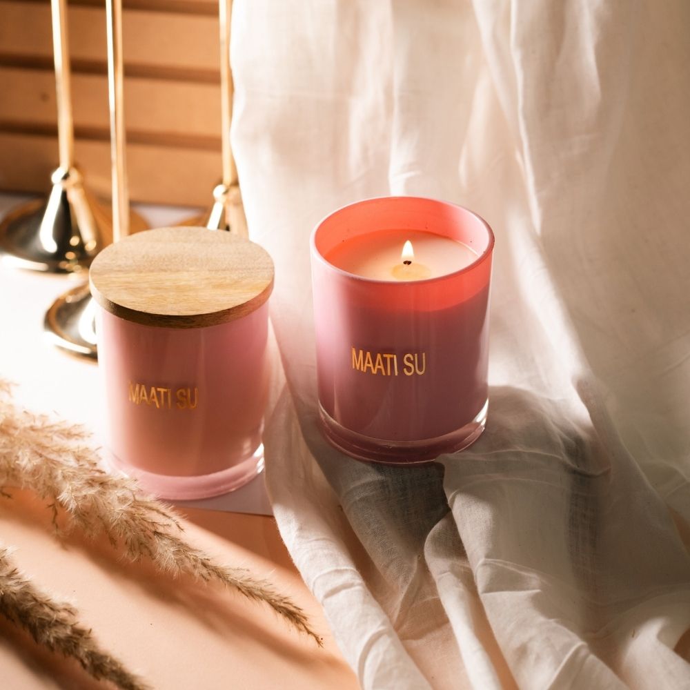 Pink Glass Candle | Wooden Lid | Scented Soy Wax Candle