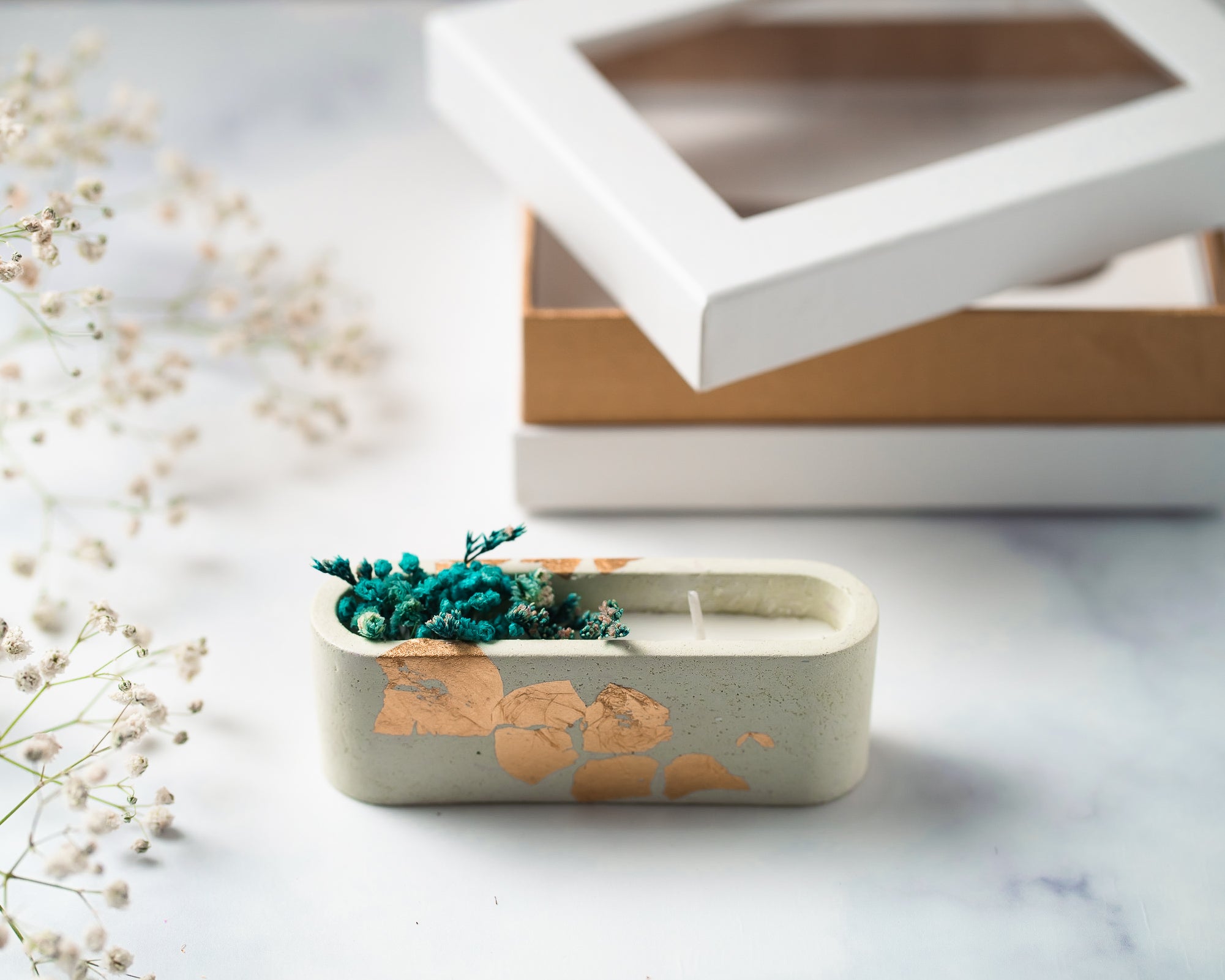 Green Concrete Container | Scented Soy Wax Candle | With Natural Flower
