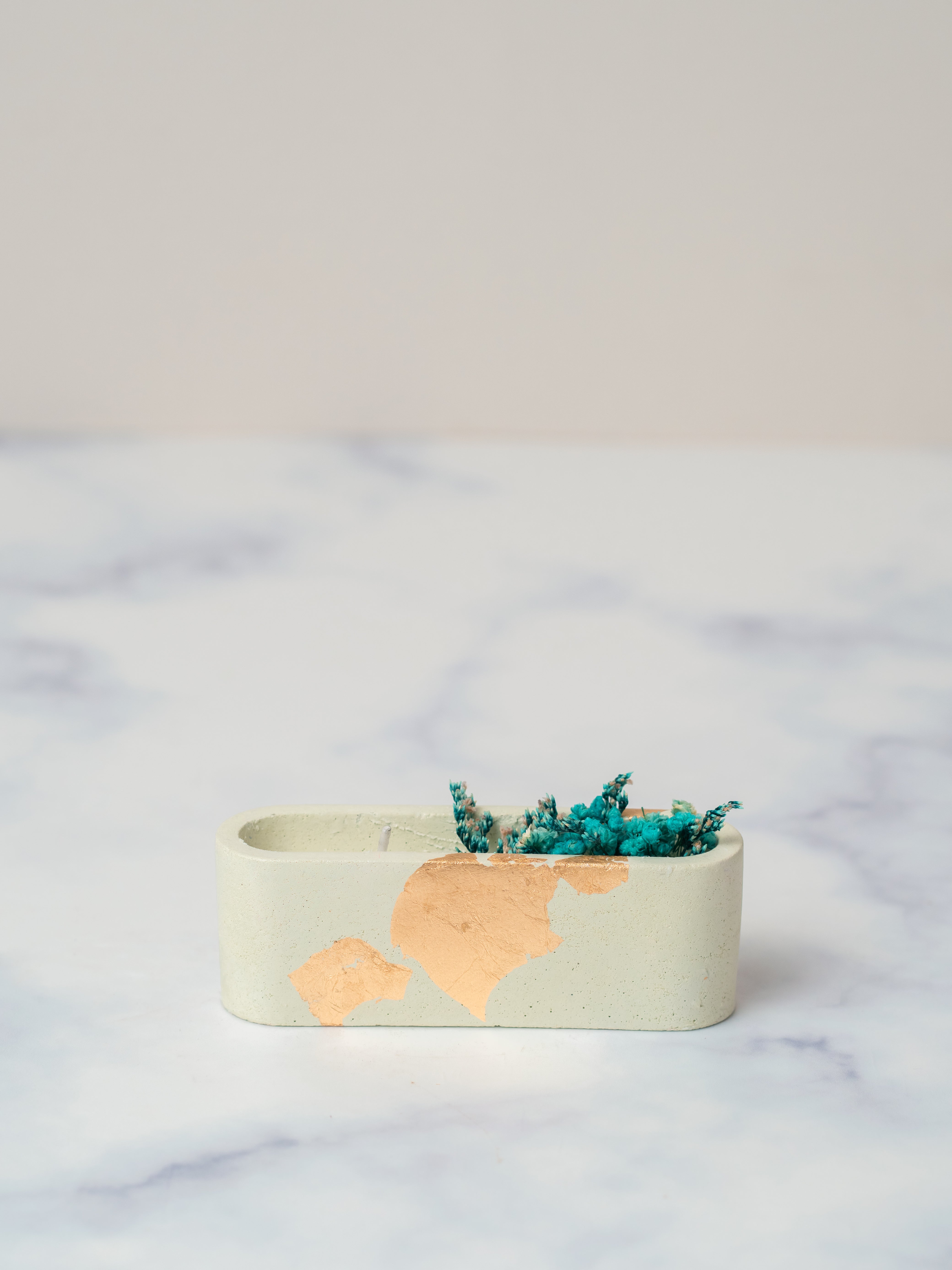 Green Concrete Container | Scented Soy Wax Candle | With Natural Flower