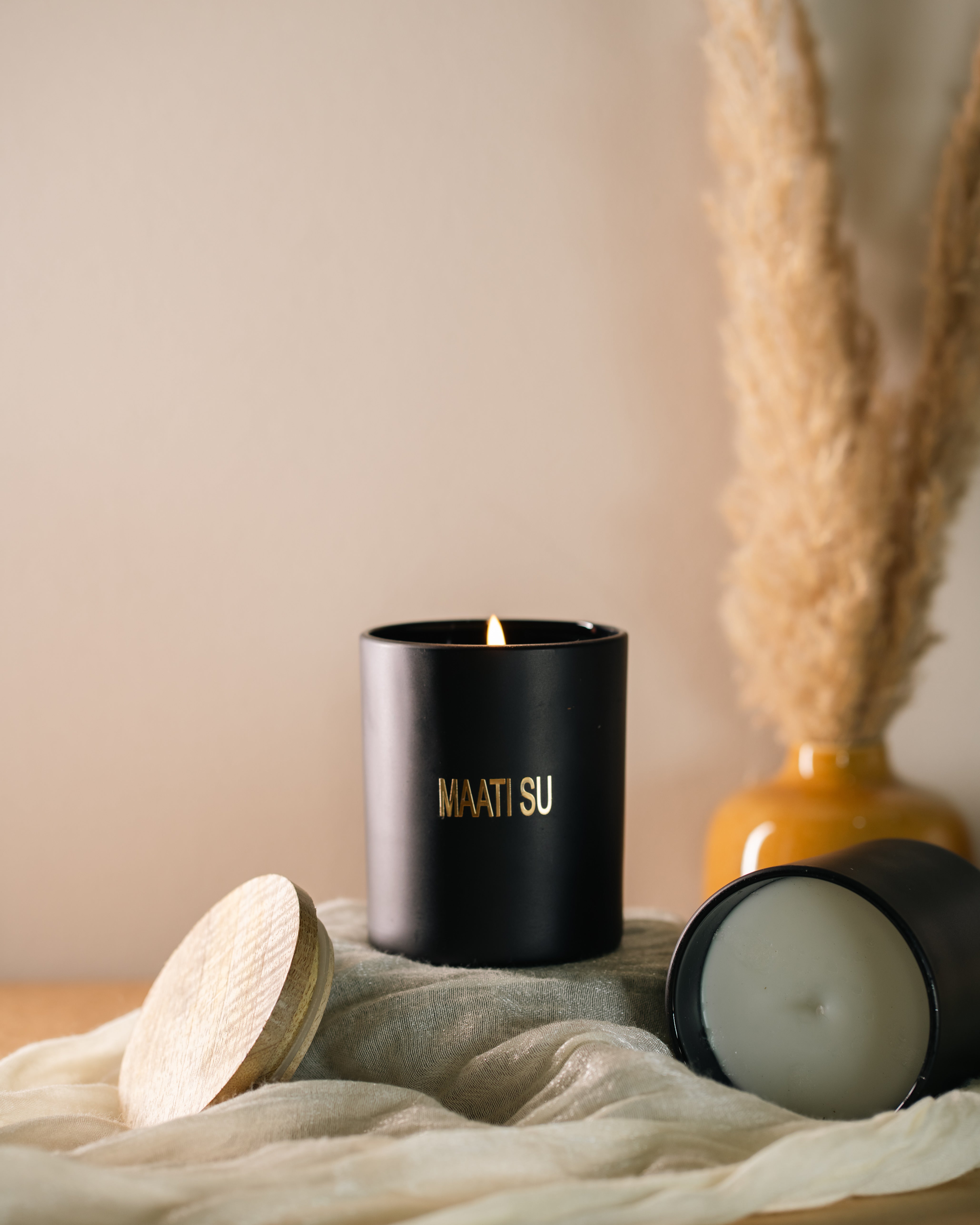Matte Black Glass Container With Wooden Lid |Scented Soy Wax Candle