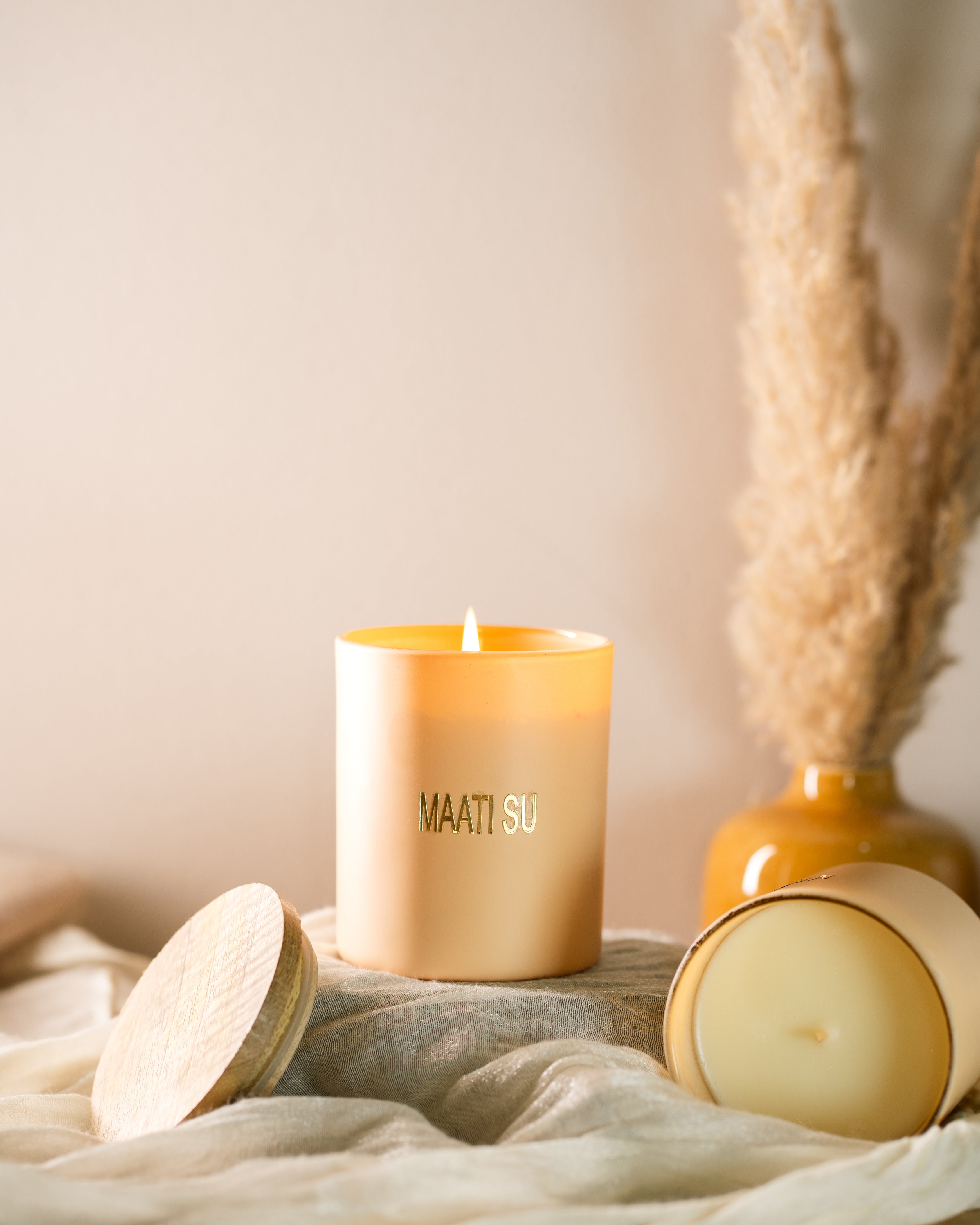Peach Glass Container With Wooden Lid | Scented Soy Wax Candle
