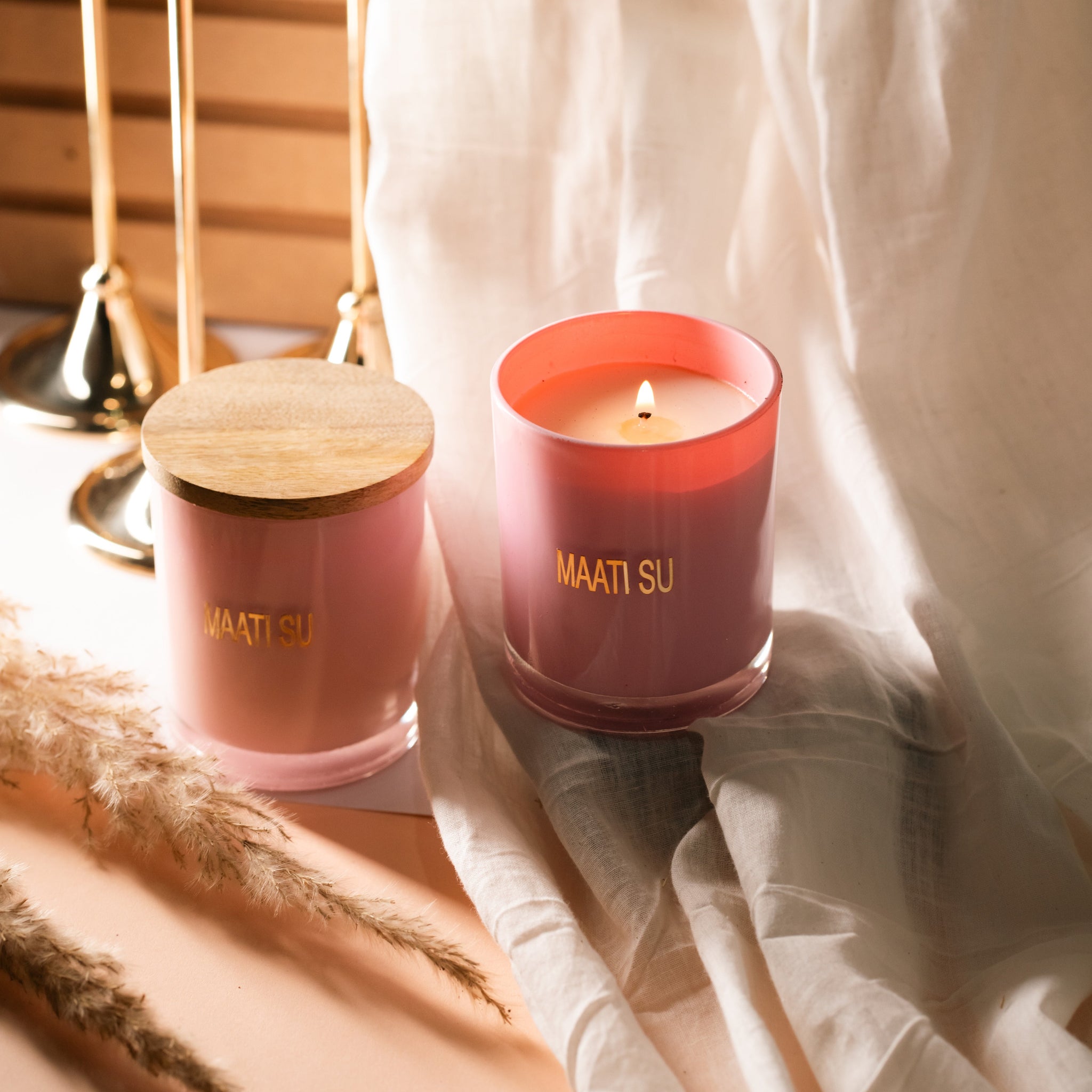Pink Glass Container With Wooden Lid | Scented Soy Wax Candle