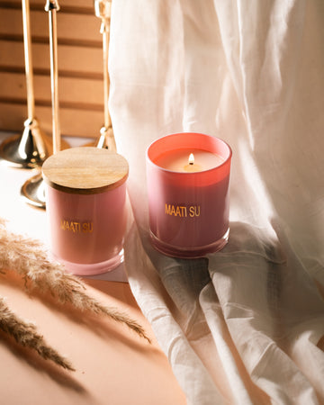 Pink Glass Container With Wooden Lid | Scented Soy Wax Candle