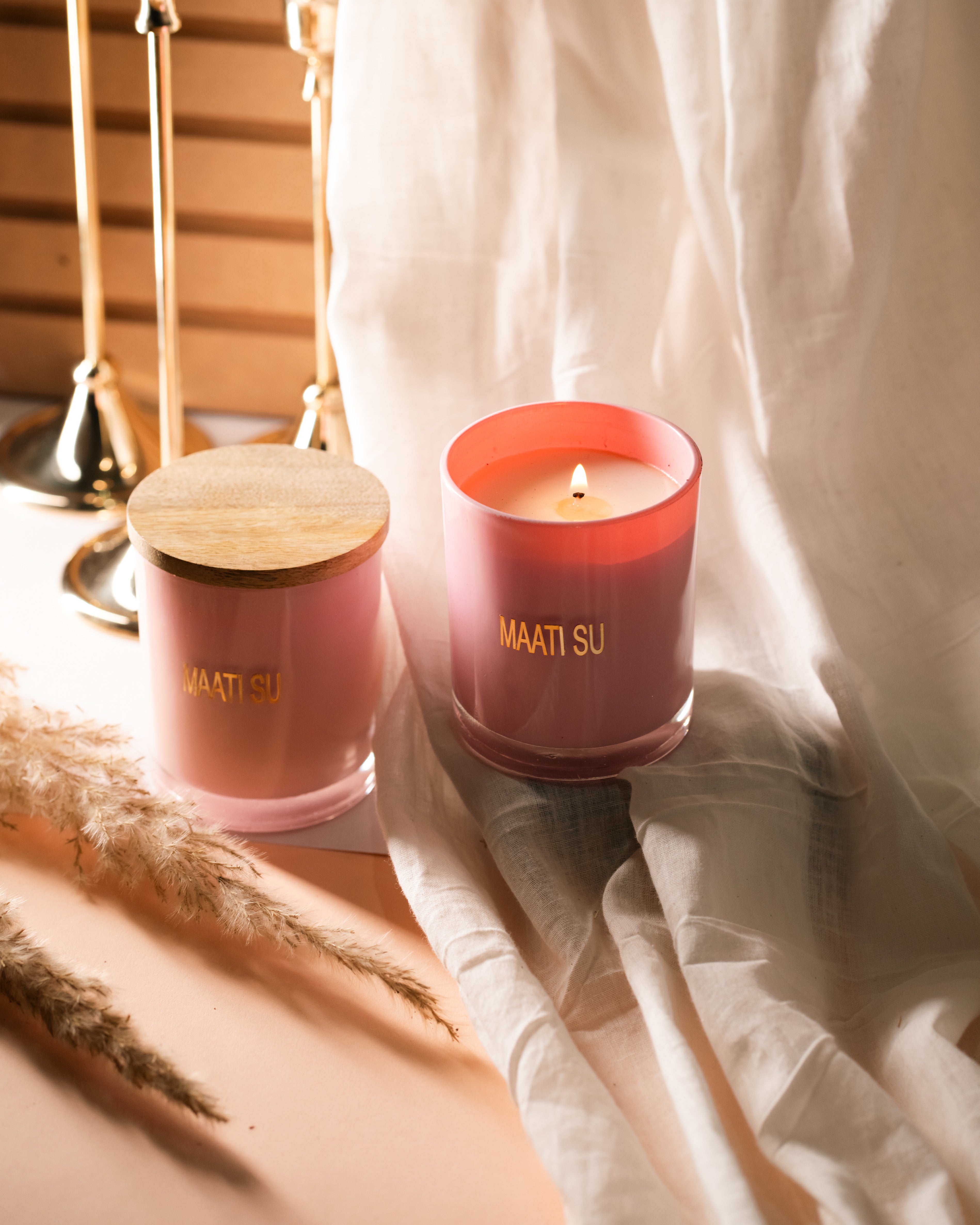 Pink Glass Container With Wooden Lid | Scented Soy Wax Candle