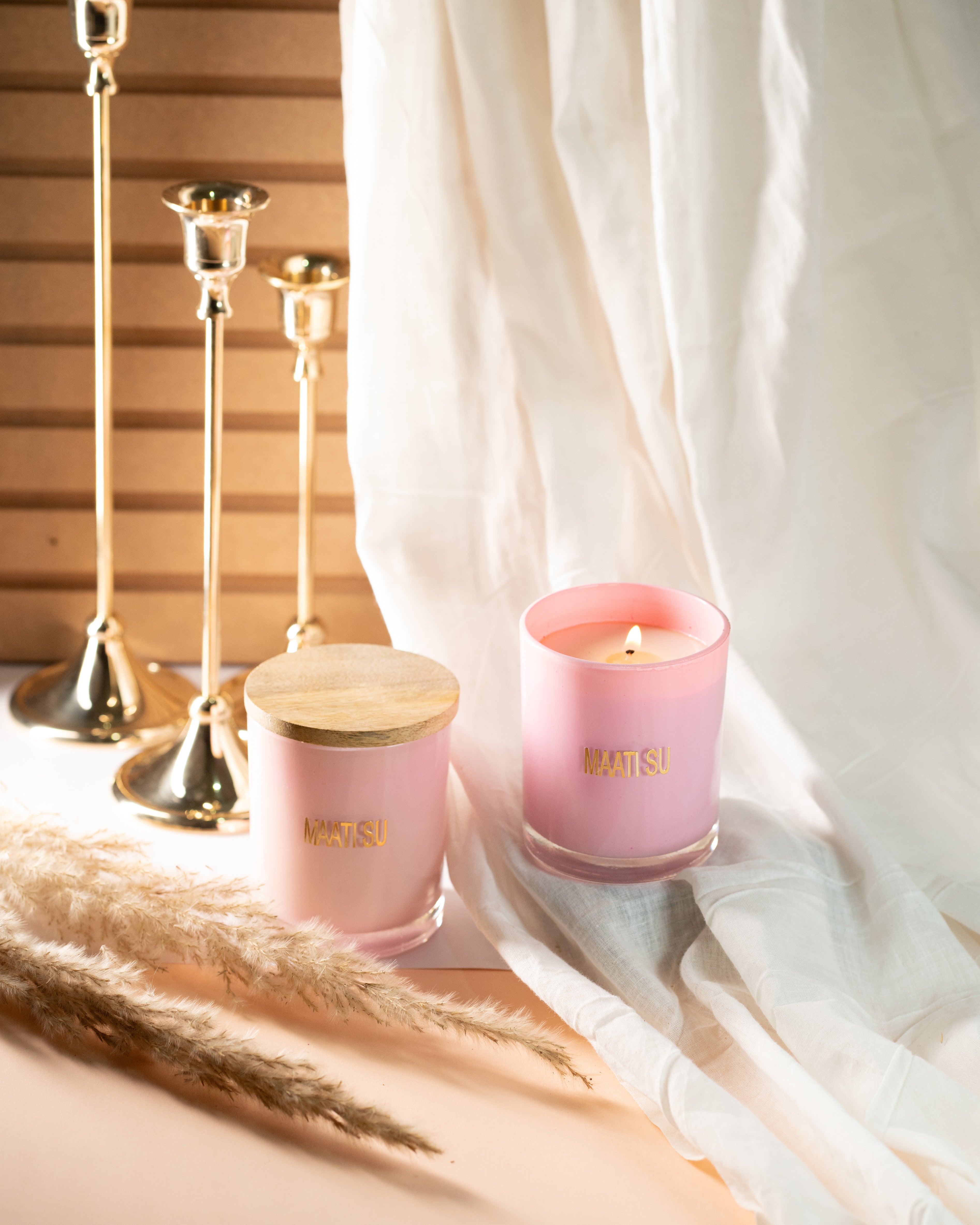 Pink Glass Container With Wooden Lid | Scented Soy Wax Candle