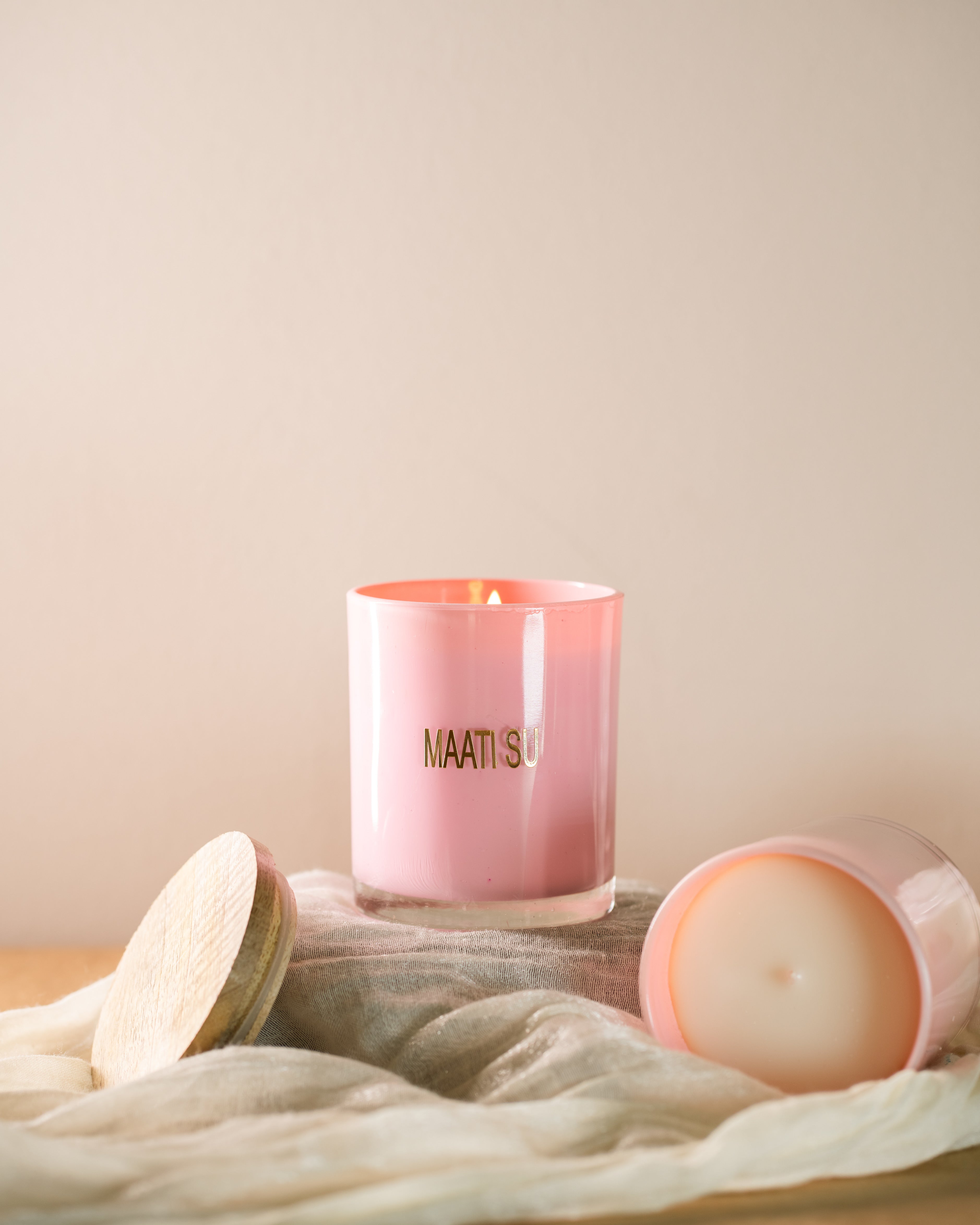 Pink Glass Container With Wooden Lid | Scented Soy Wax Candle