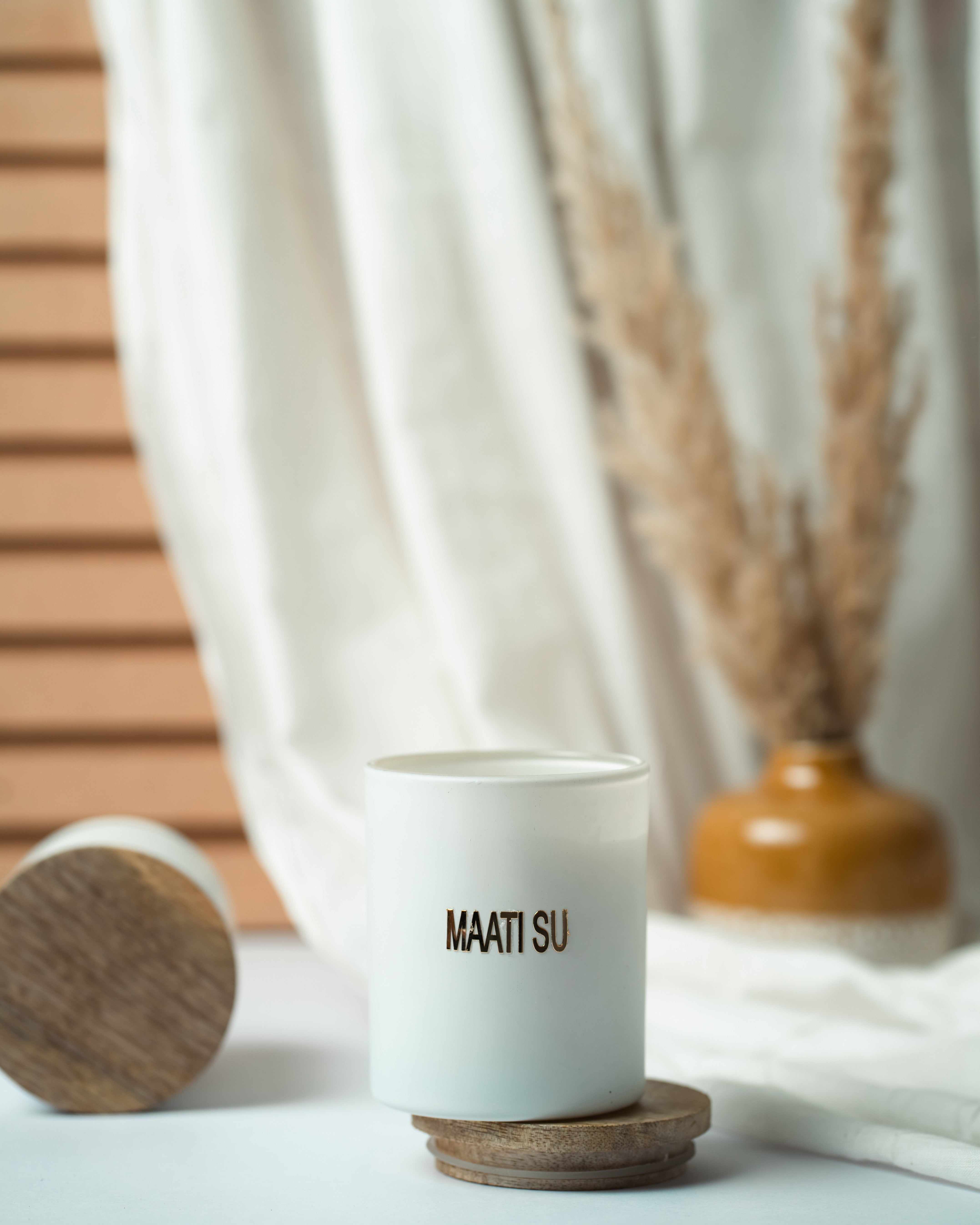 White Glass Container With Wooden Lid |Scented Soy Wax Candle