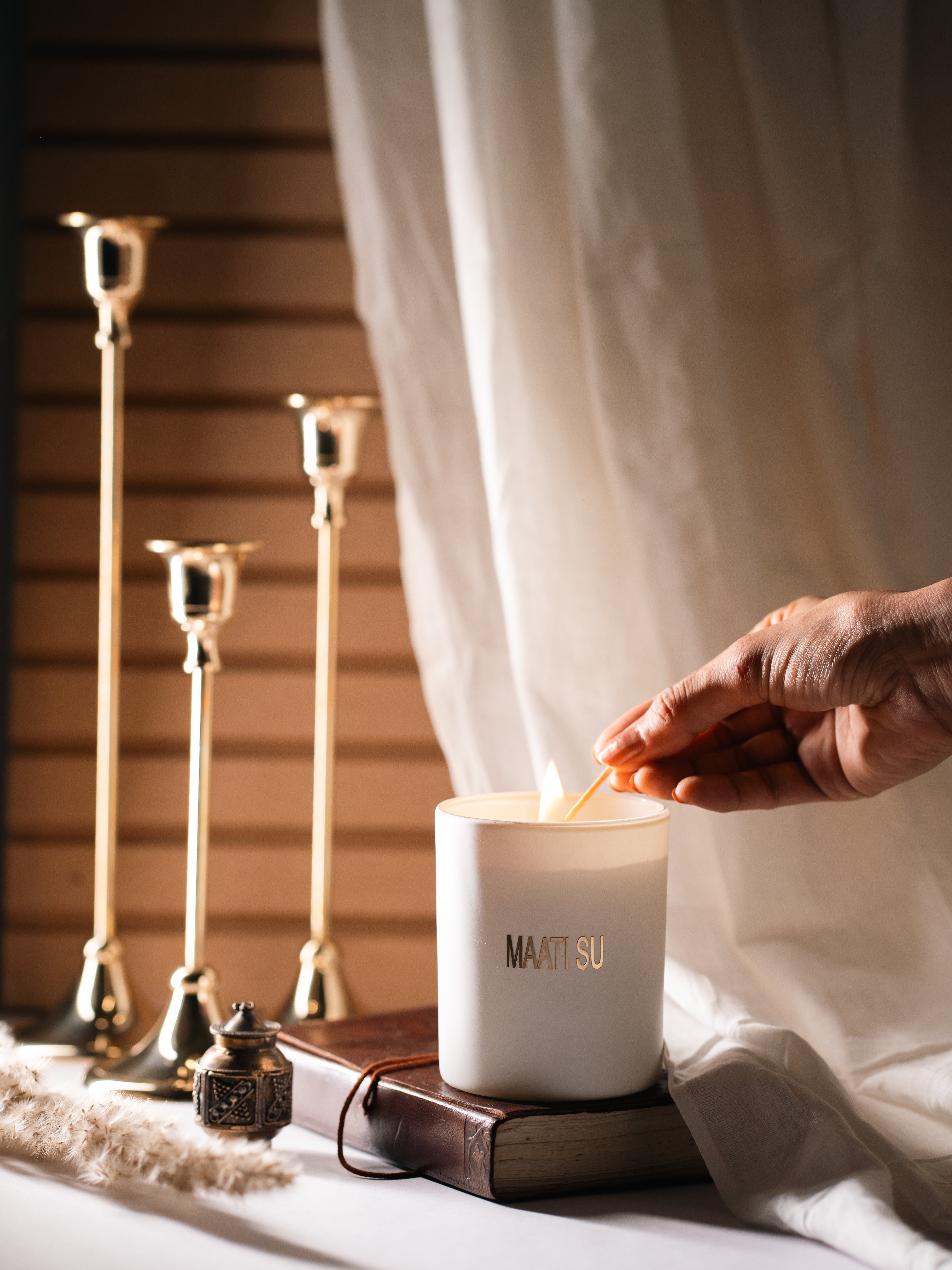 White Glass Container With Wooden Lid |Scented Soy Wax Candle