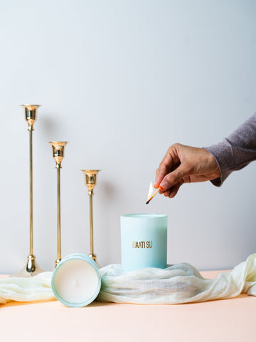 Aqua Green Glass Container With Wooden Lid | Scented Soy Wax Candle