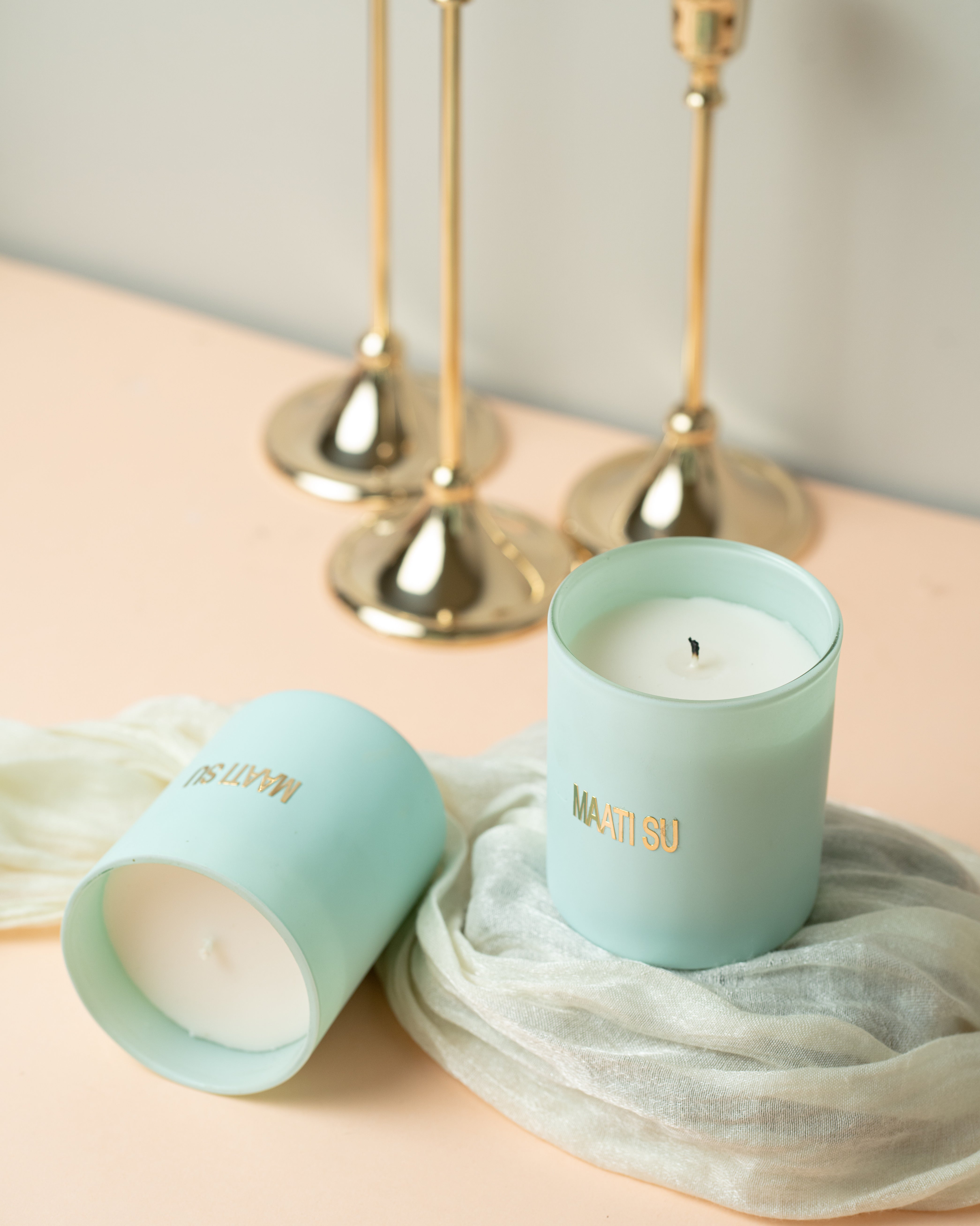 Aqua Green Glass Container With Wooden Lid | Scented Soy Wax Candle
