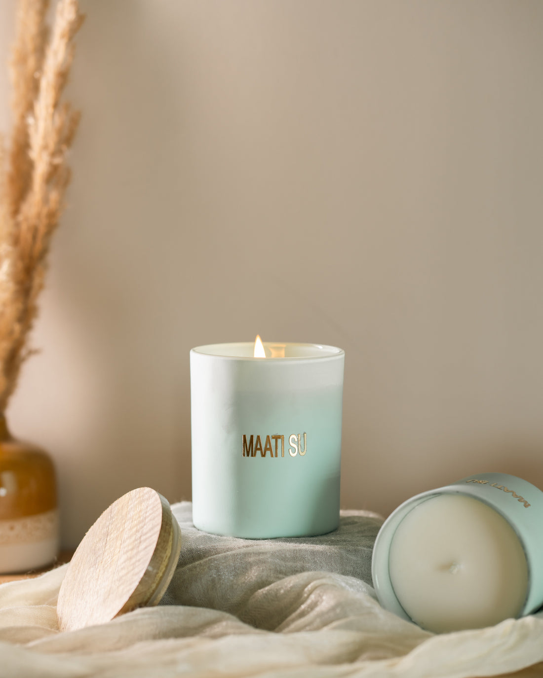 Aqua Green Glass Container With Wooden Lid | Scented Soy Wax Candle