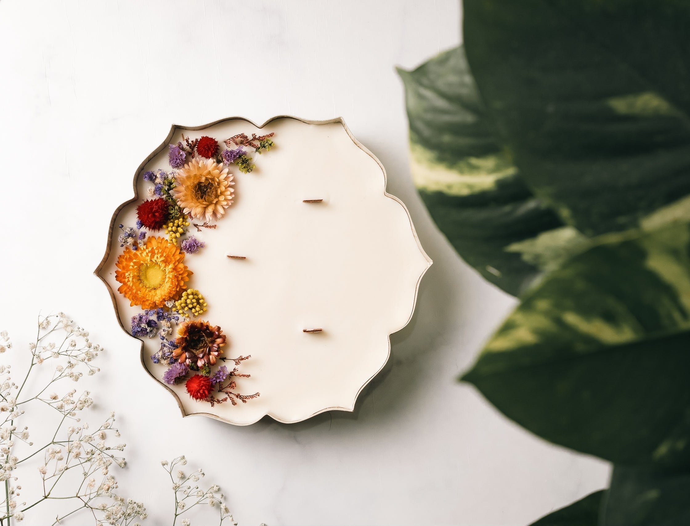 White and Gold Finish | Scented Candle | Dry Flowers Decor | Urli 9"