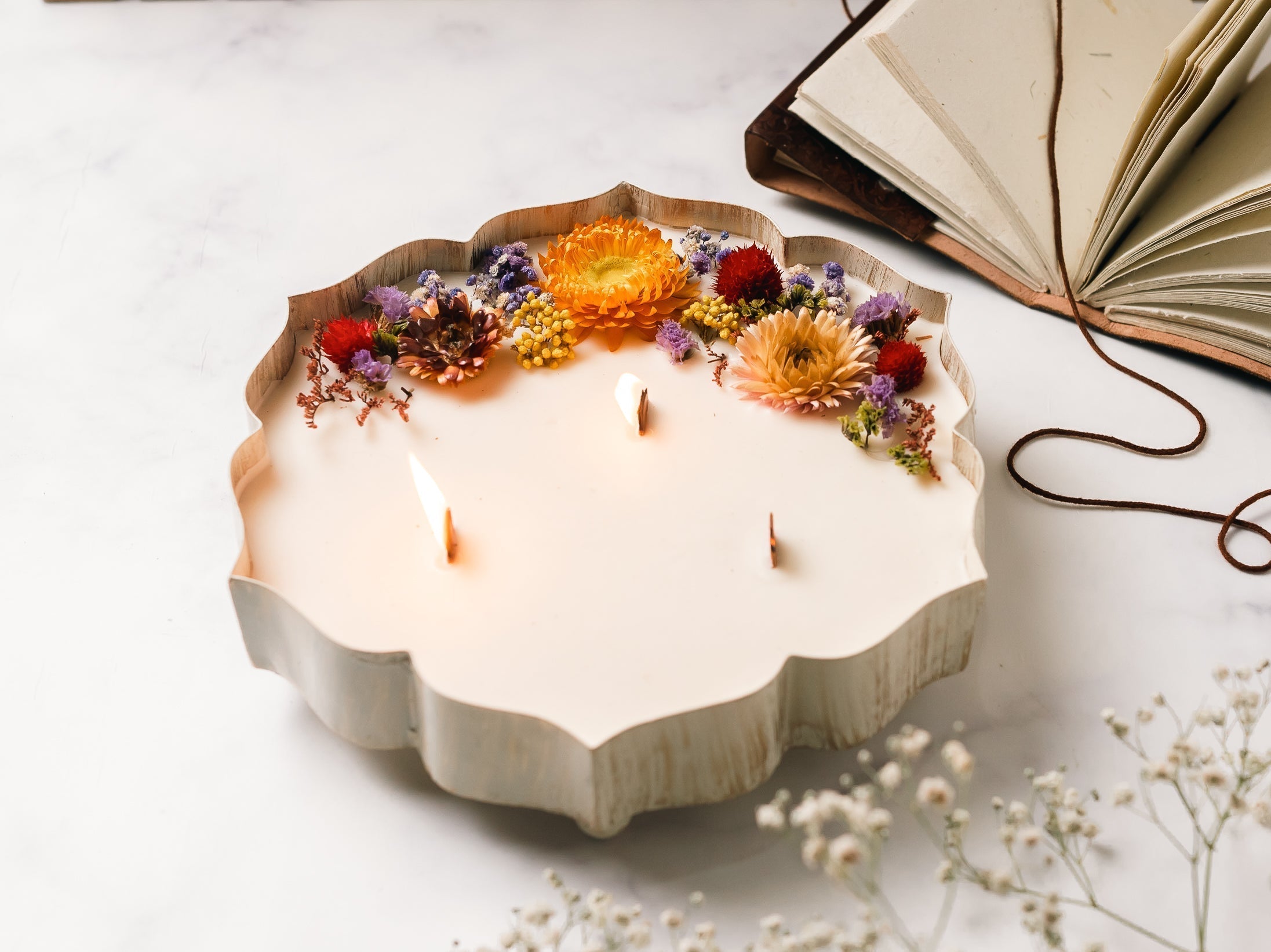 White and Gold Finish | Scented Candle | Dry Flowers Decor | Urli 9"