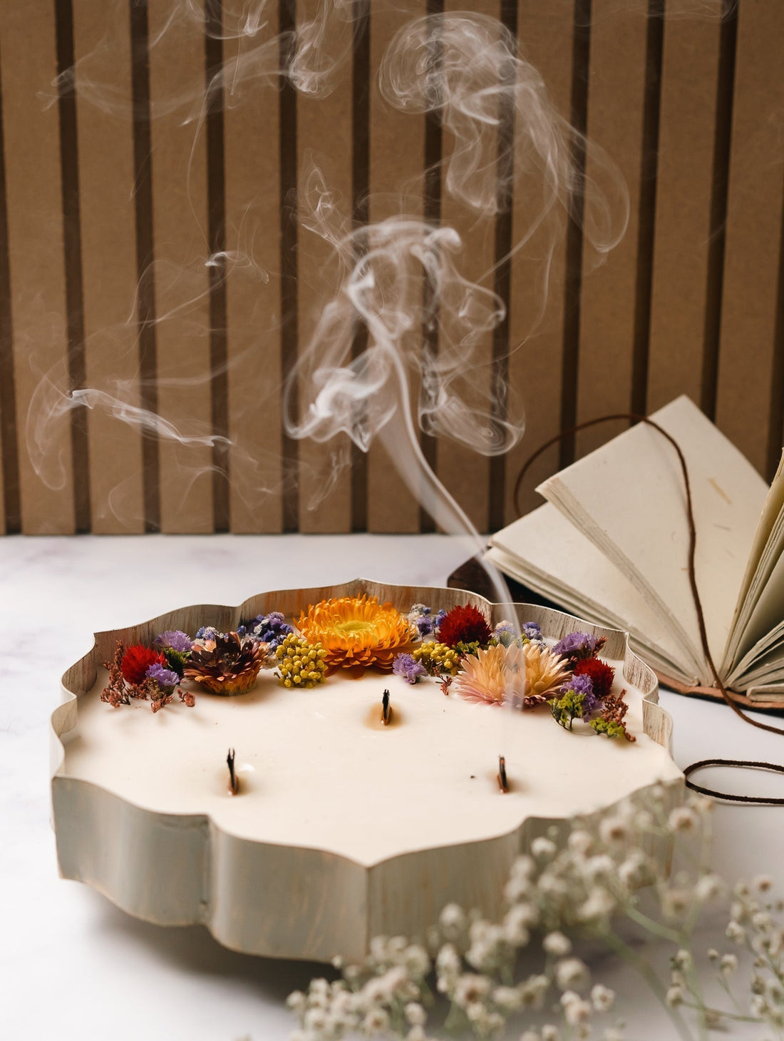 White and Gold Finish | Scented Candle | Dry Flowers Decor | Urli 9"