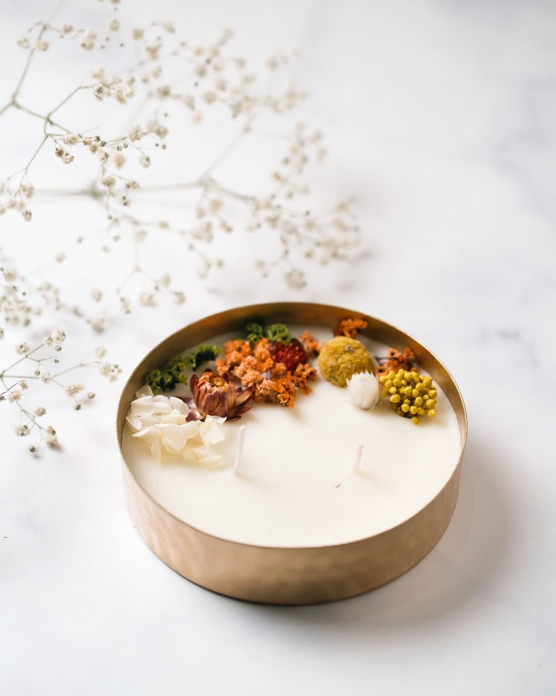 Hammered 5" Copper Finish Urli |  Scented Soy Wax Candle | With Natural Flowers